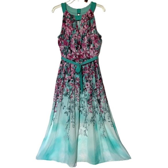 New Rabbit Designs Mint Green Hot Pink Floral Chiffon Sleeveless Maxi Dress - Picture 1 of 7